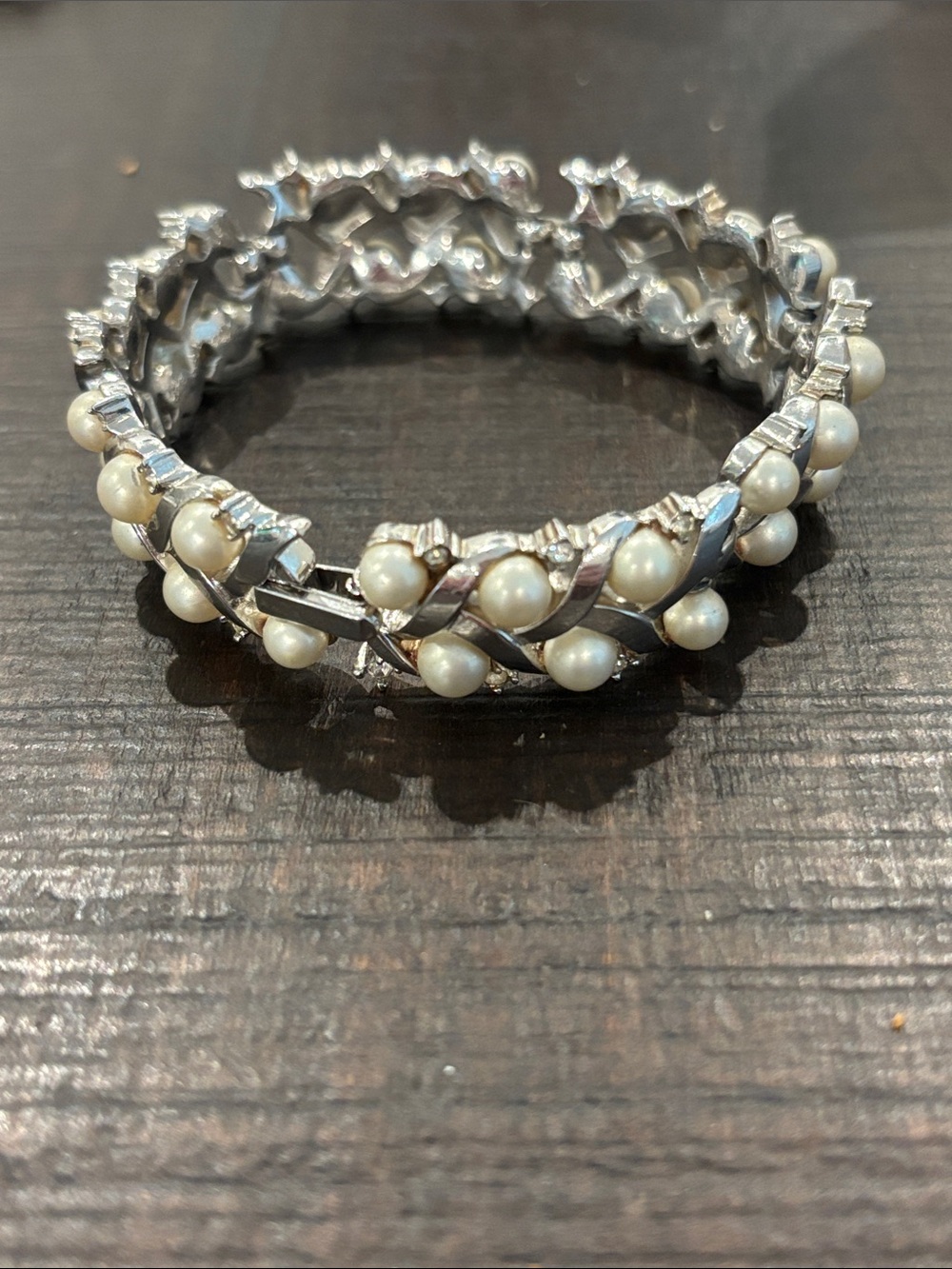 Vintage 1950s Crown Trifari Pearl Chevron Woven Link Bracelet